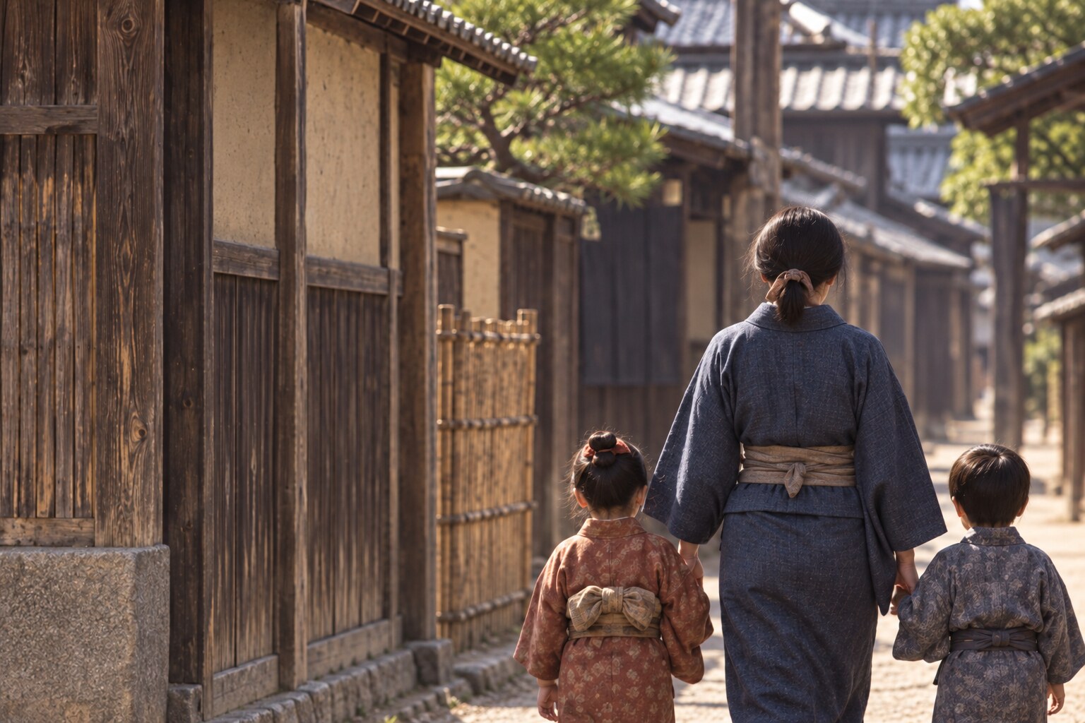 戦後の家族を思わせる京都の創作情景。伝承上の娘の容貌や逃走場面を復元したものではない（AI生成イメージ）