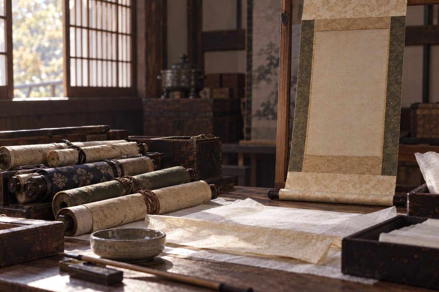 古い絵の伝来調査を表す創作静物。平塚為広像や所蔵施設の実写ではない（AI生成イメージ）