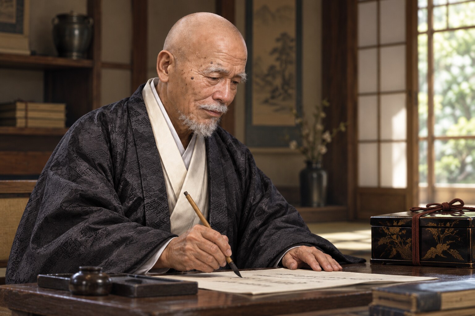 婚礼の心得を記す幻庵（AI生成イメージ）（AI生成イメージ）