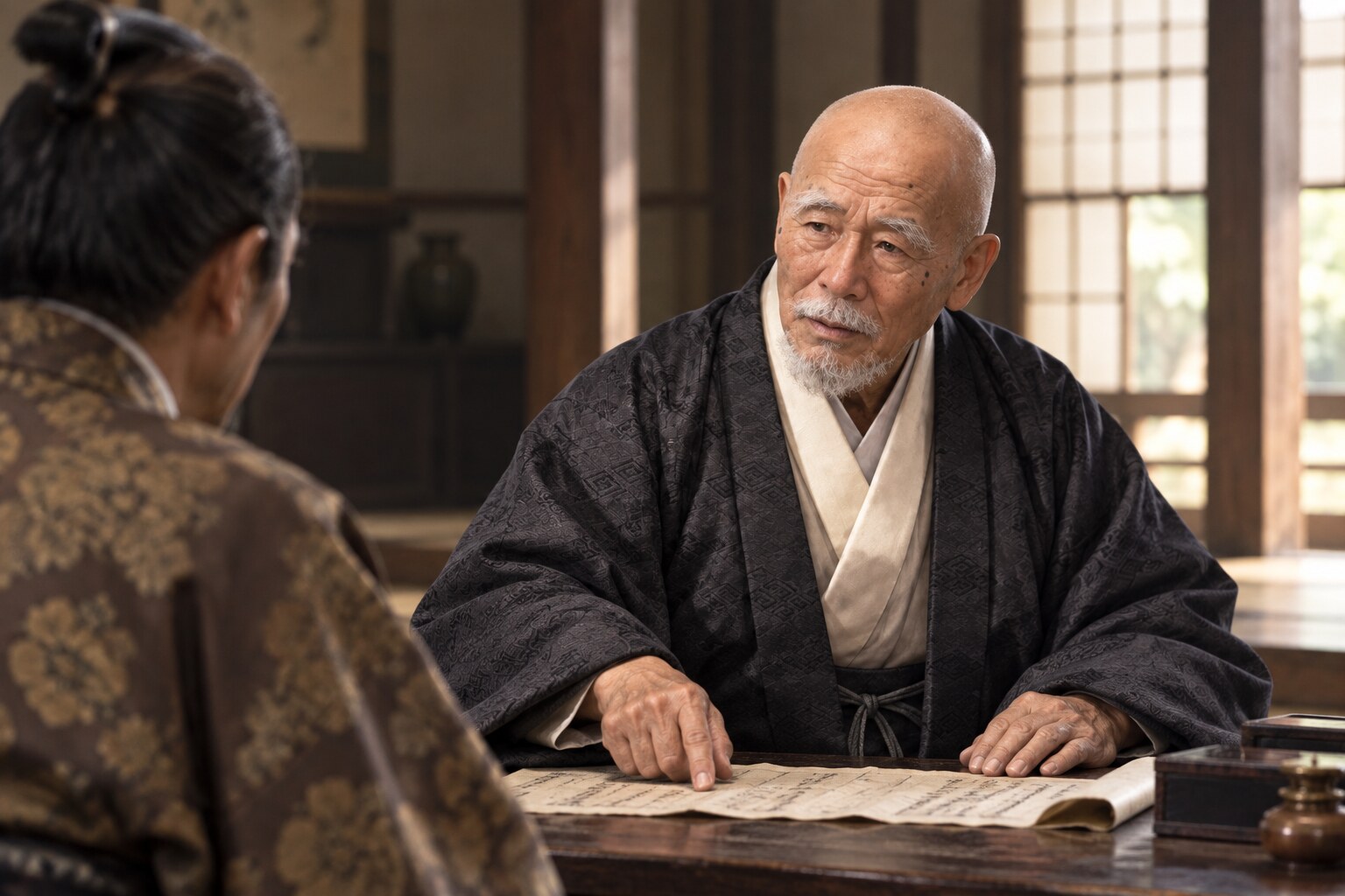 文書をもとに使者と相談する晩年の幻庵（AI生成イメージ）（AI生成イメージ）