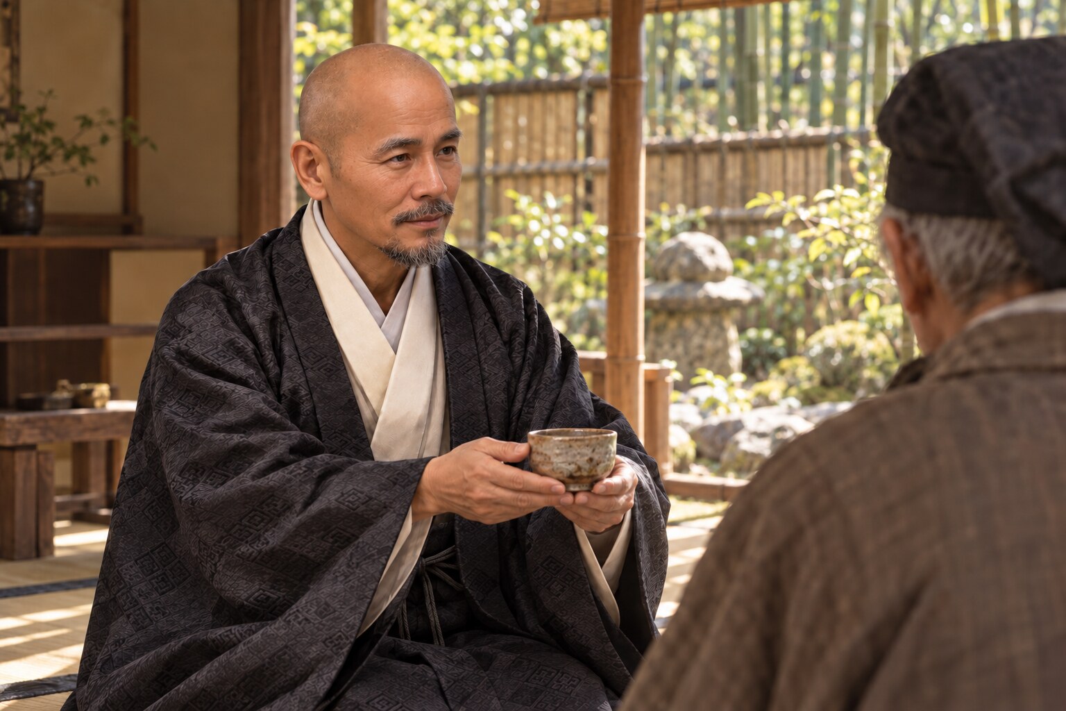 宗牧との交流を思わせる茶席の想像場面（AI生成）（AI生成イメージ）