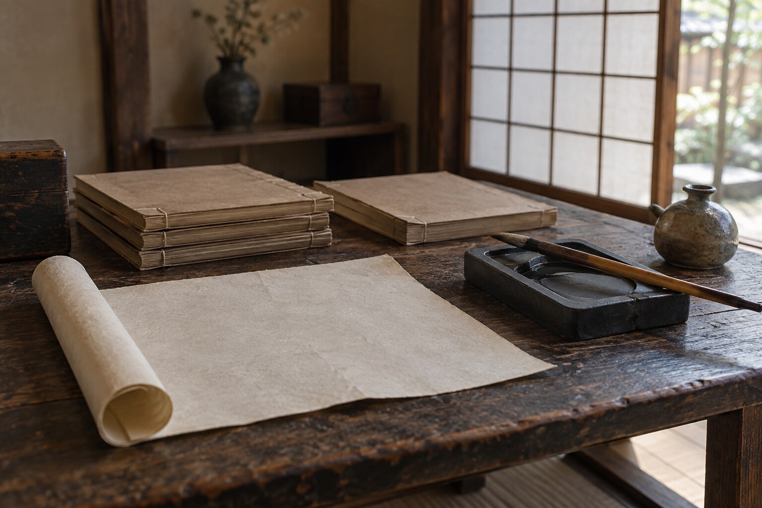 家訓の読書を連想させる書物と筆の静物。原本の複製ではない(AI生成イメージ)