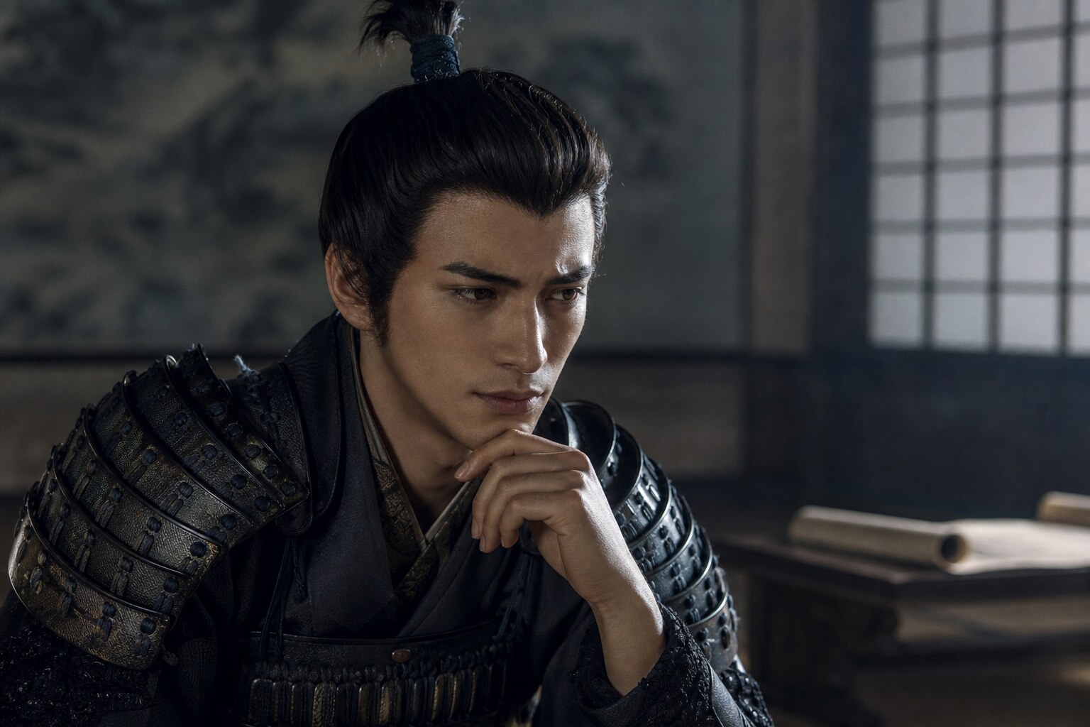 沼田裁定をめぐる評定で諸将を前に思案する若き氏直(AI生成イメージ)