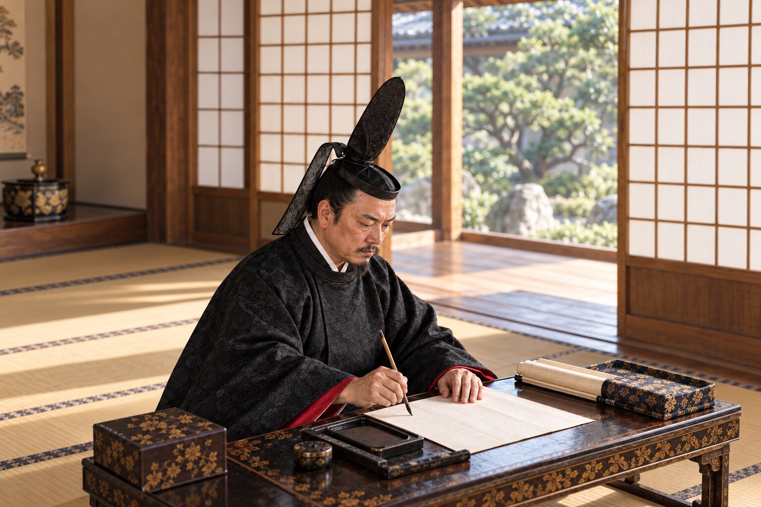 机に向かって書状をしたためる氏規（想像図）（AI生成イメージ）