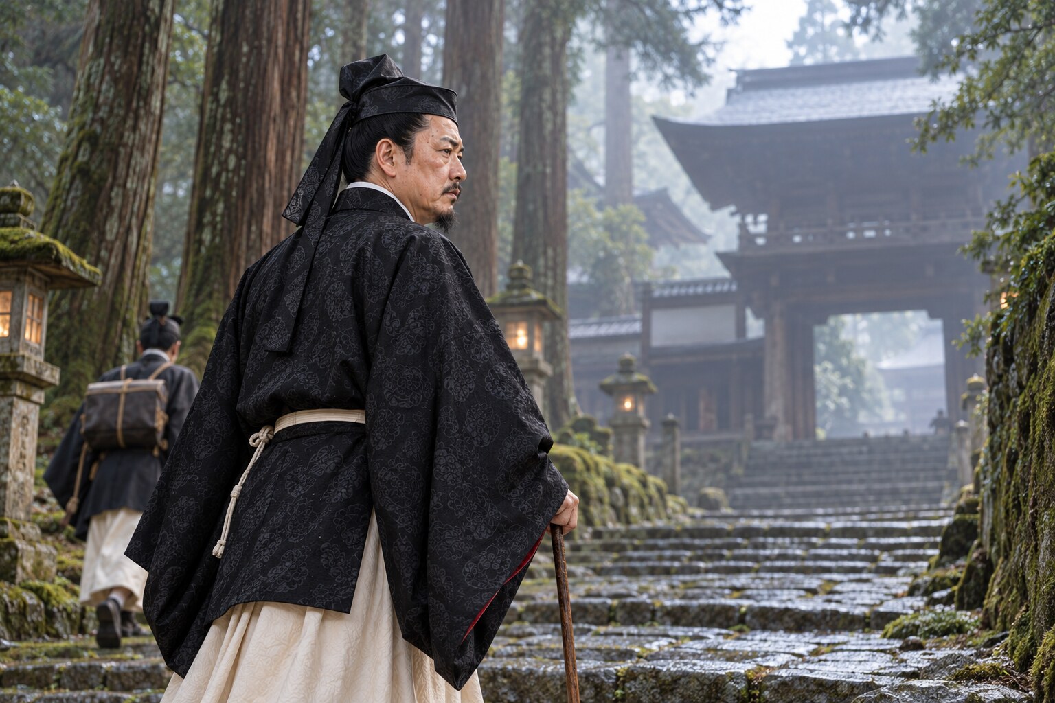 山寺への道を歩み振り返る氏規（想像図）（AI生成イメージ）