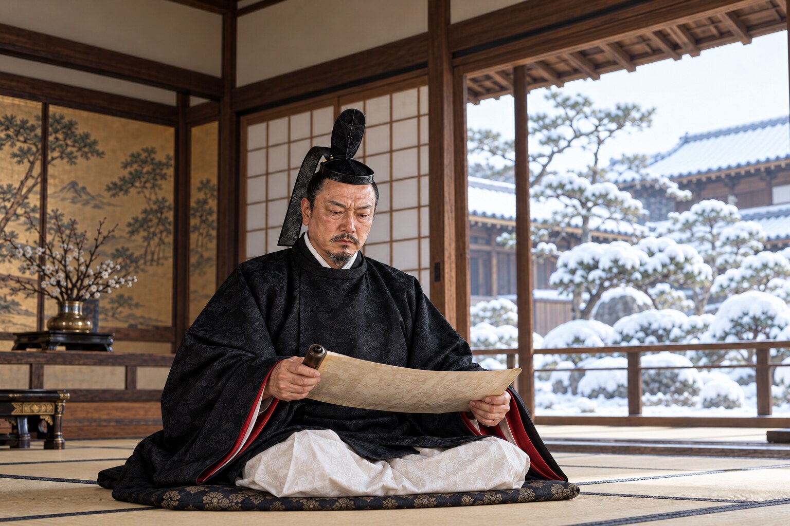晩年に知行の書付へ目を通す氏規（想像図）（AI生成イメージ）