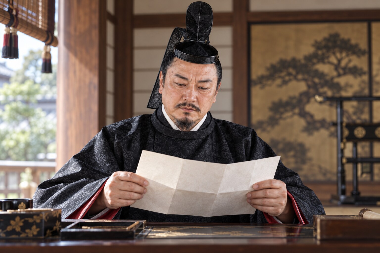 届いた書状を広げて読む氏規（想像図）（AI生成イメージ）