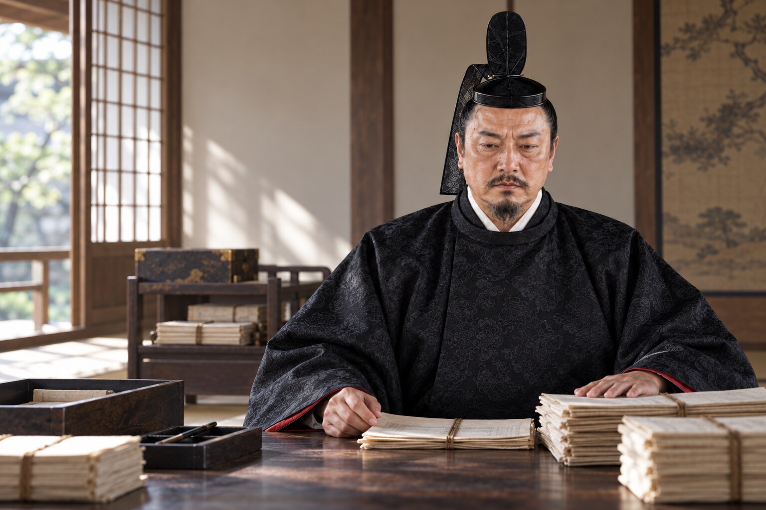 家の再出発に関わる書付を前にする氏規（想像図）（AI生成イメージ）