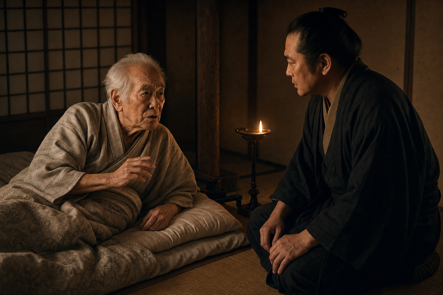 遺訓を語る晩年の正信(AI生成イメージ)