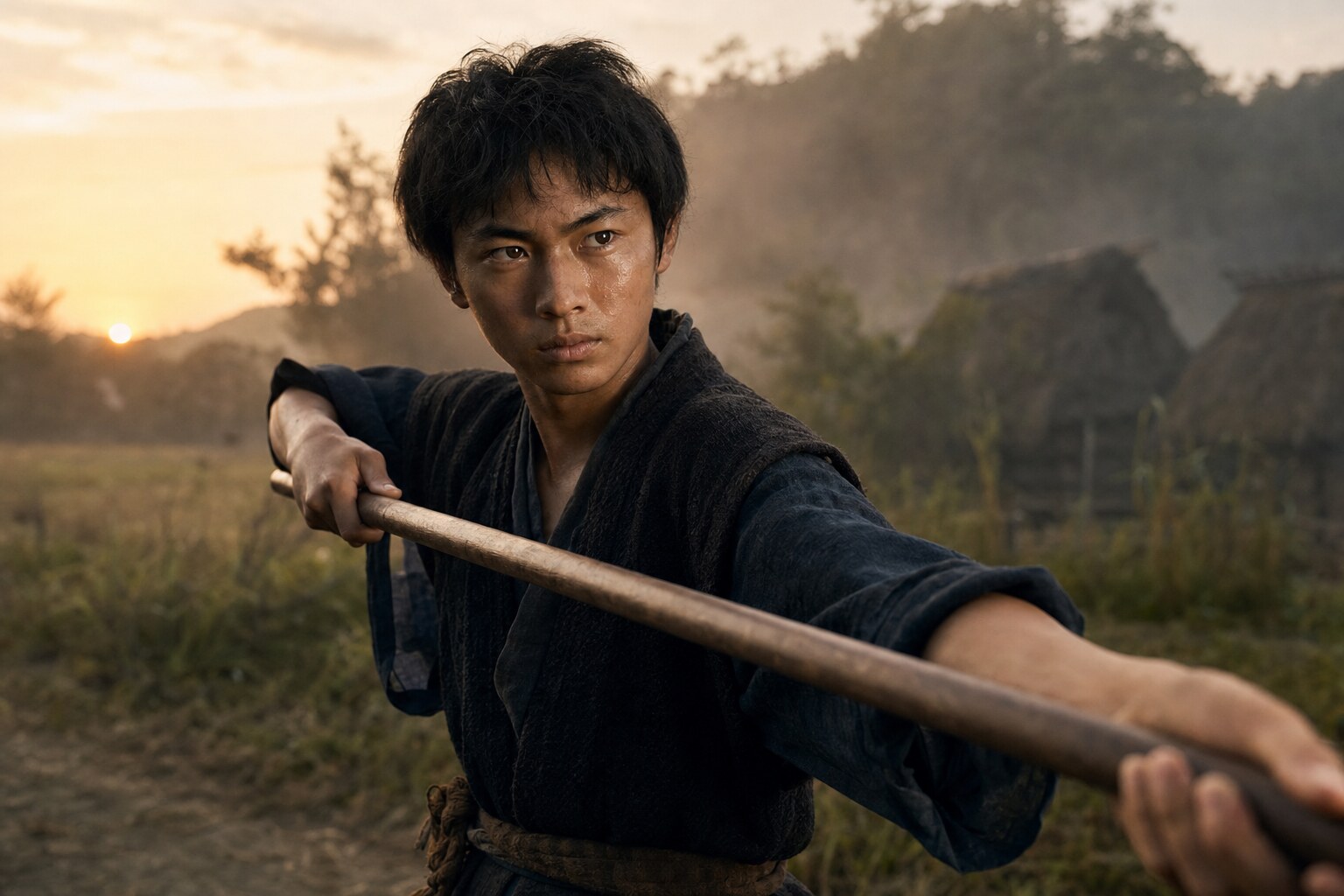 三河で槍を鍛える少年期の平八郎(AI生成イメージ)