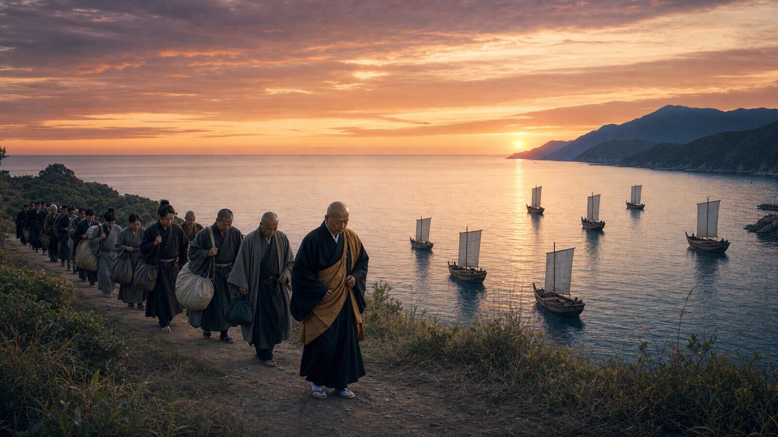 鷺森退去・夕日の海路(AI生成イメージ)