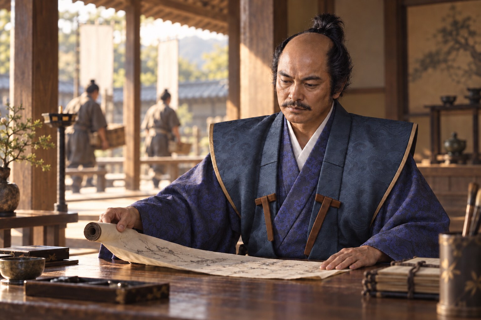 文書を確認する壮年の吉晴を描いた想像場面（AI生成イメージ）