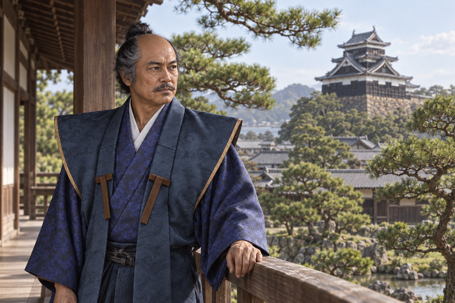 完成期の松江城を望む吉晴の想像場面（AI生成イメージ）