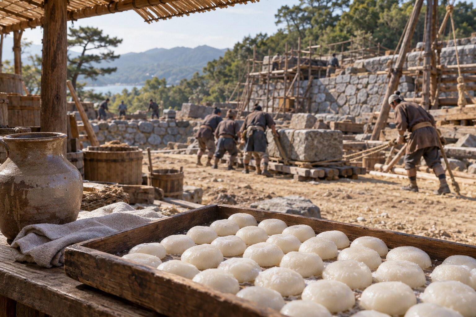 築城と餅の伝承を題材にした想像場面。実際の給付方法を復元したものではない（AI生成イメージ）