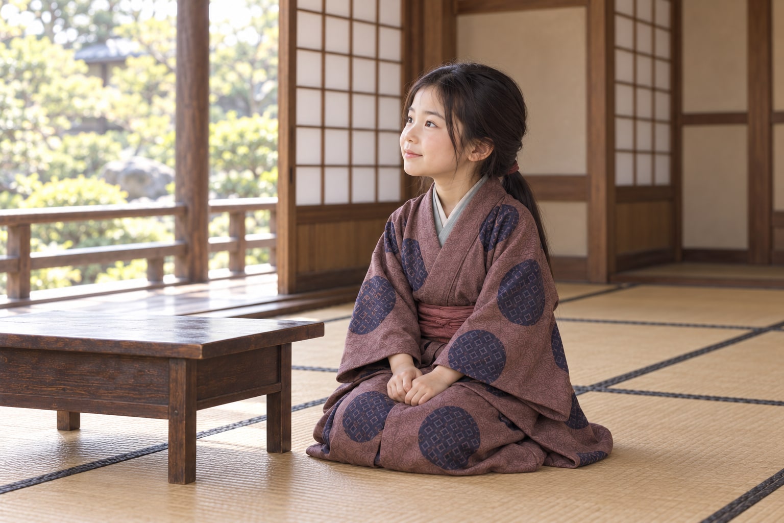尾張の屋敷で庭を眺める幼いまつの想像復元。幼年期の日常を伝える史料は限られる（AI生成イメージ）