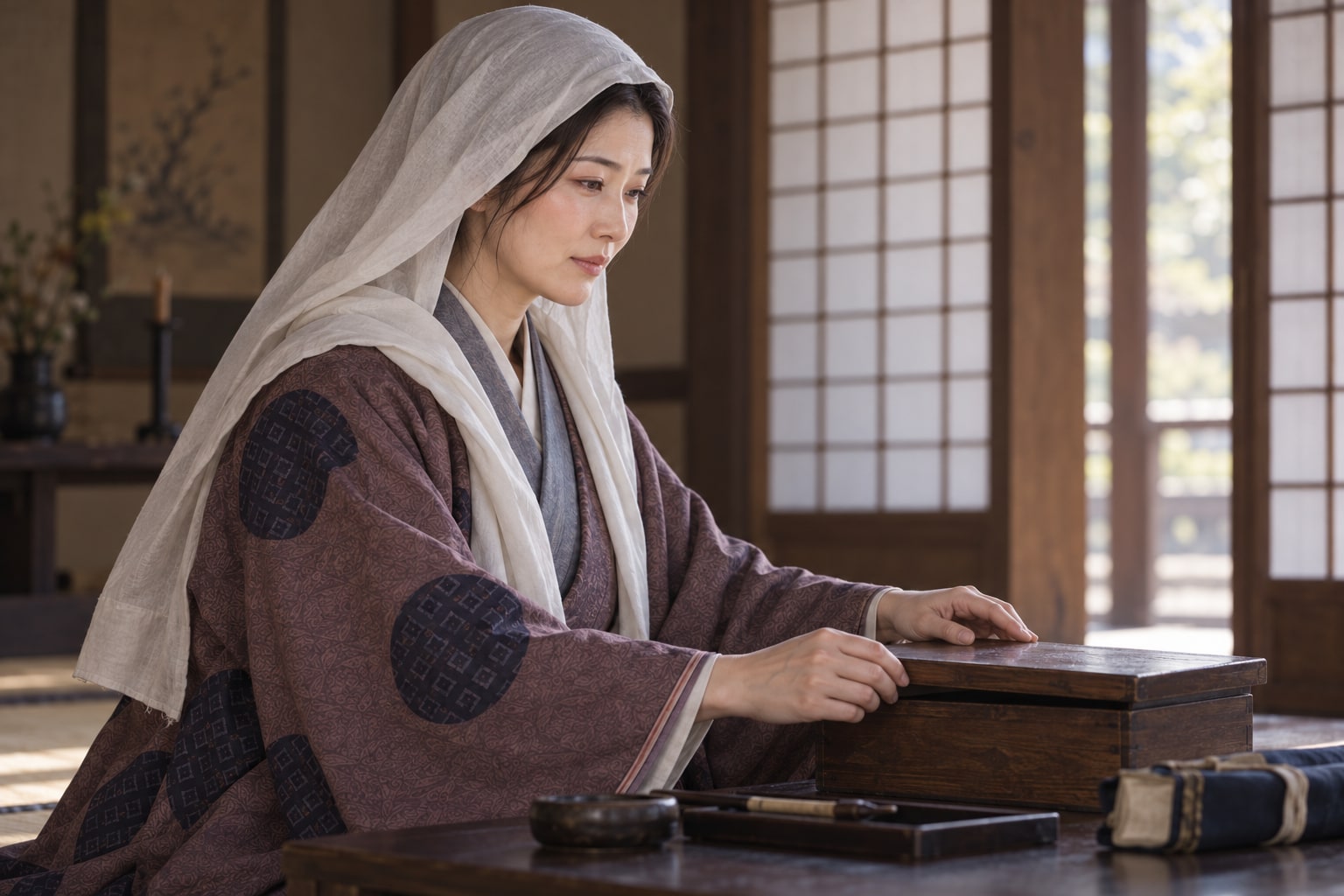 1599年の出家後を想定し、白い被衣と文箱を描いた芳春院の想像復元（AI生成イメージ）