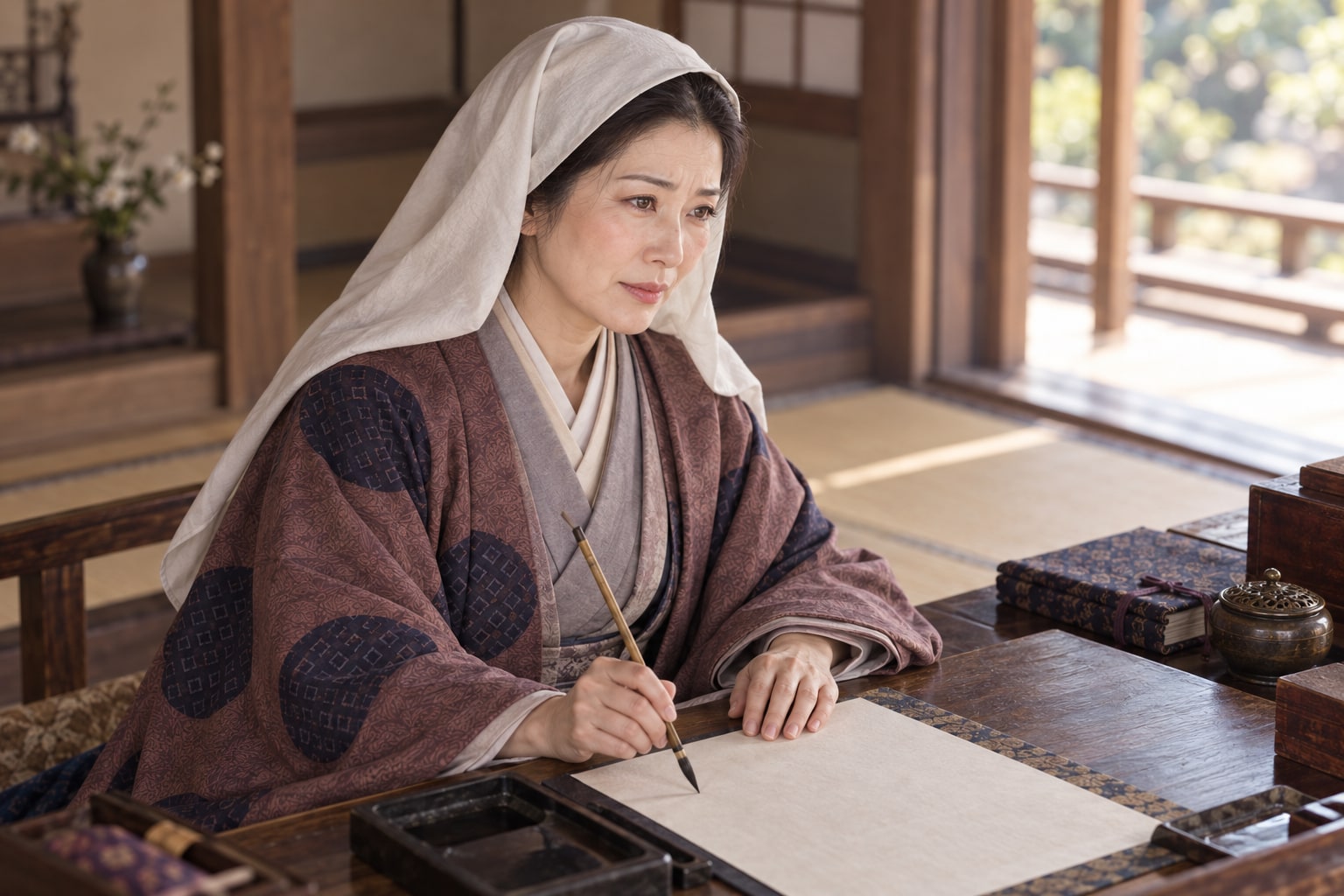 江戸滞在期、便りを書く芳春院の想像復元。現存書状の執筆現場を再現したものではない（AI生成イメージ）