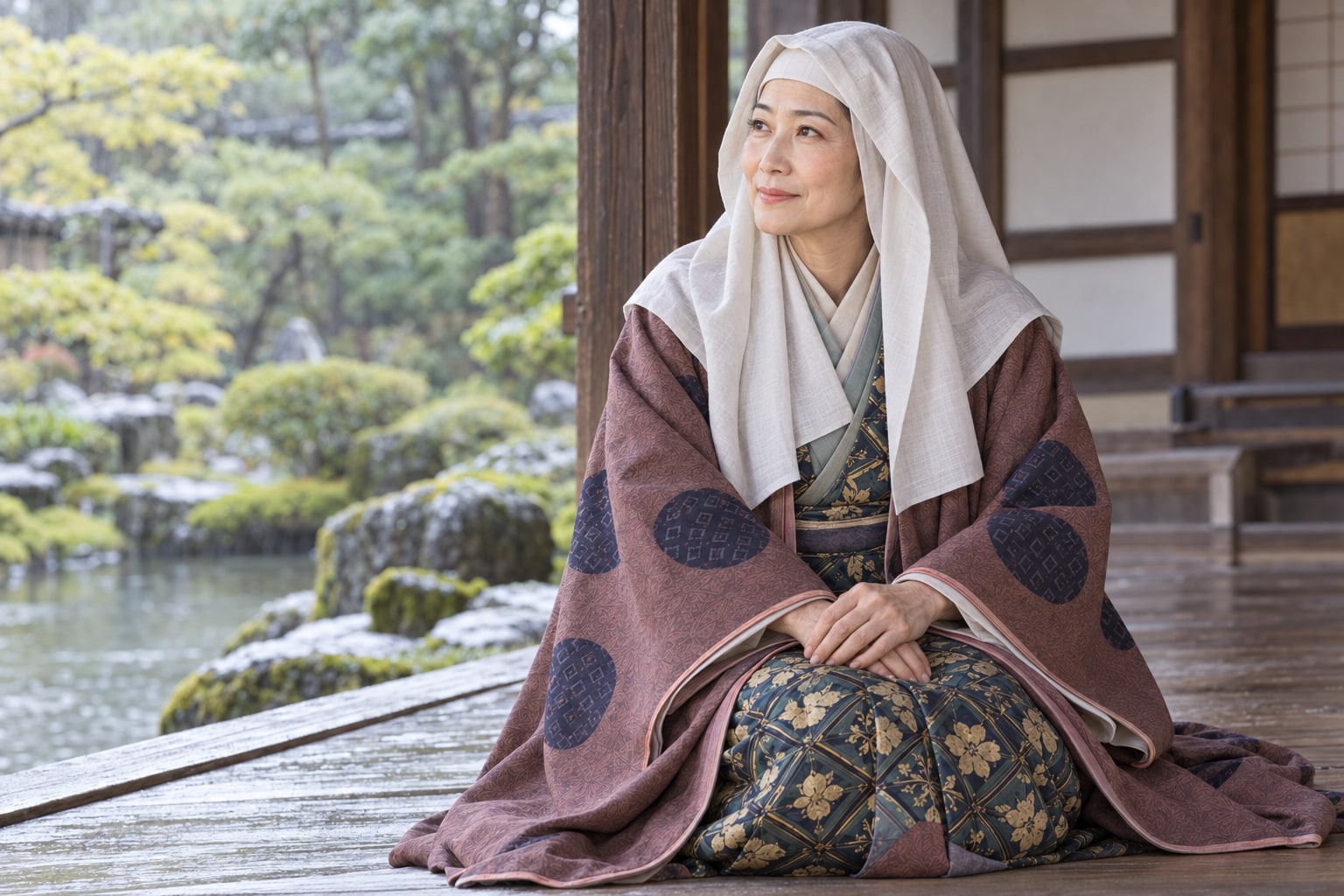 金沢へ帰った晩年の芳春院を、庭に面した縁側に描いた想像復元（AI生成イメージ）