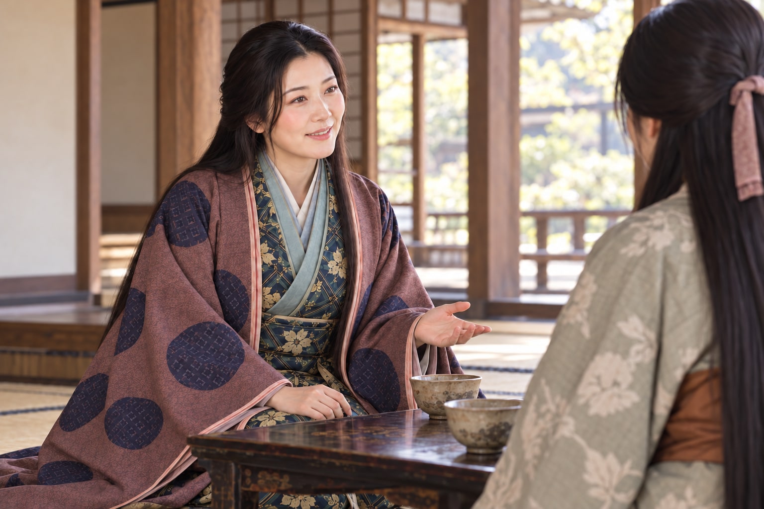 出家前のまつと屋敷の女性。親交を題材にした想像復元で、脇役は特定人物ではない（AI生成イメージ）