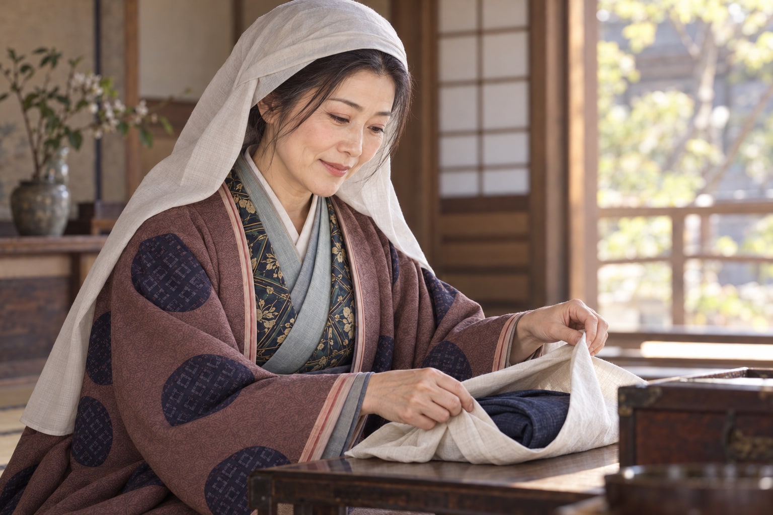 脚絆の伝来を題材にした芳春院の想像復元。実物の形状や授与の場面を復元したものではない（AI生成イメージ）