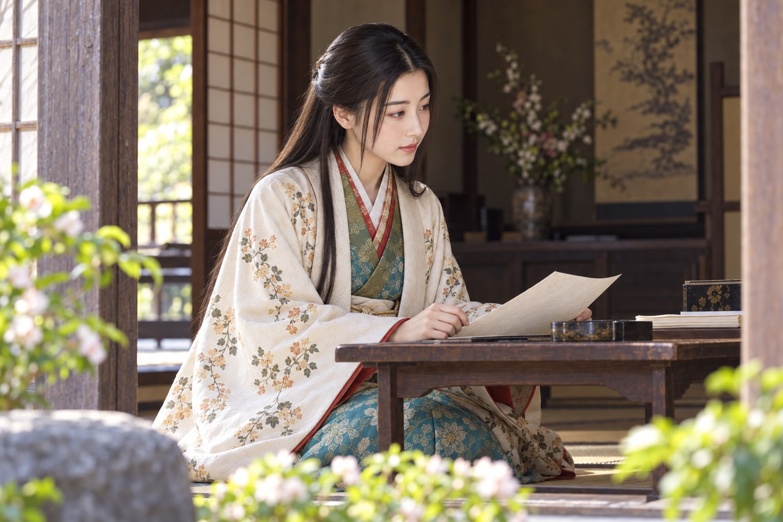 少女期の玉を読書する姿で描いた想像図。具体的な教育場面を伝える史料の再現ではない(AI生成イメージ)