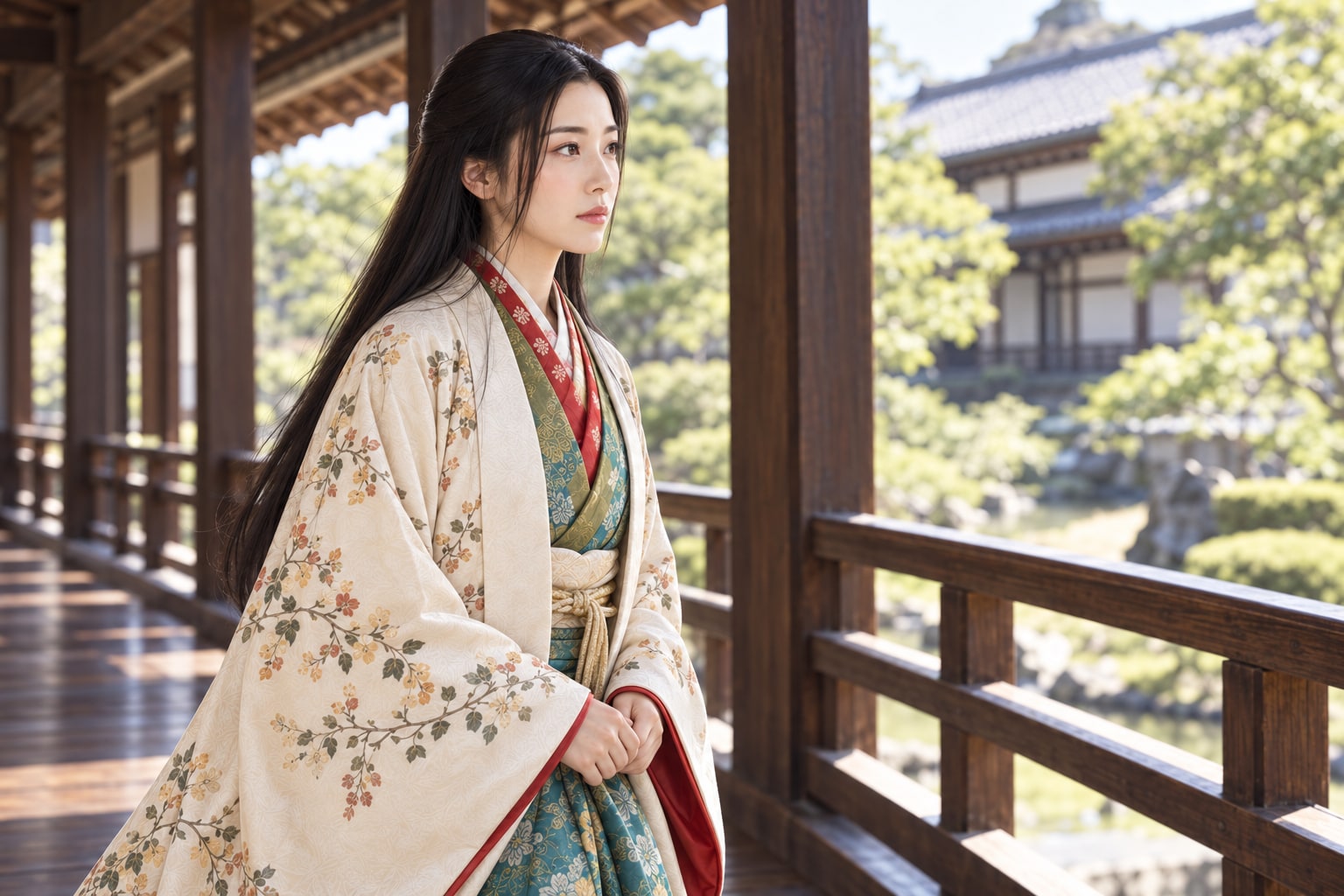 婚姻期の玉を城館の廊下に描いた想像図。勝龍寺城の実際の建物・婚礼衣装を再現したものではない(AI生成イメージ)