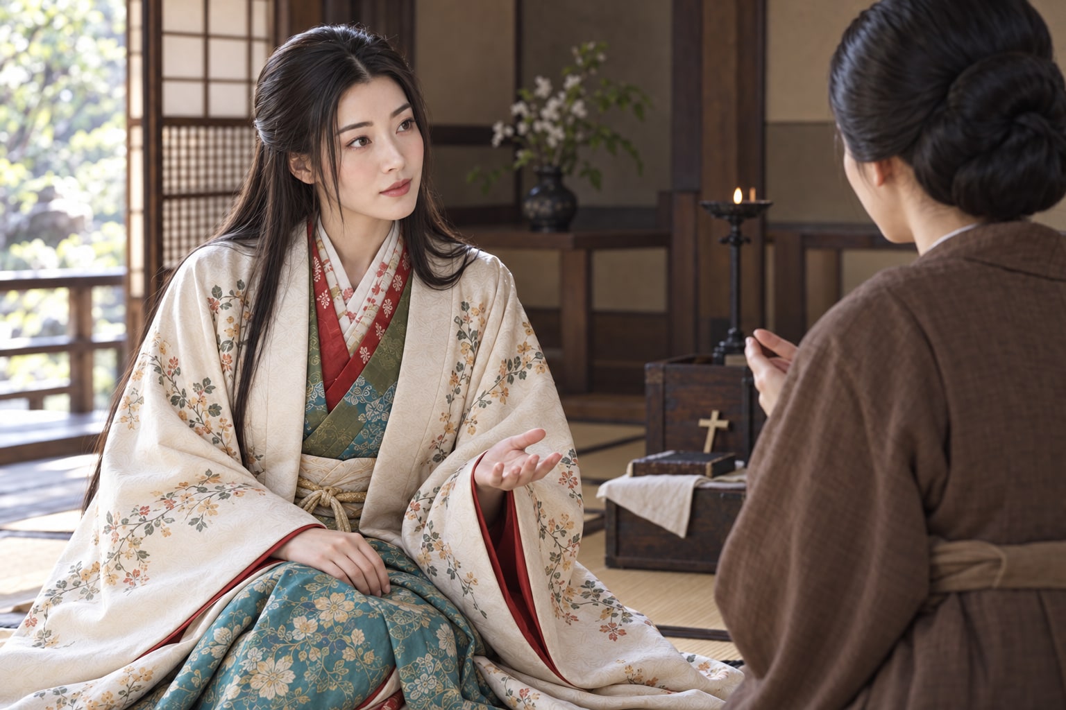 侍女から教えを聞くガラシャの想像図。受洗そのものや特定の日の会話を再現したものではない(AI生成イメージ)