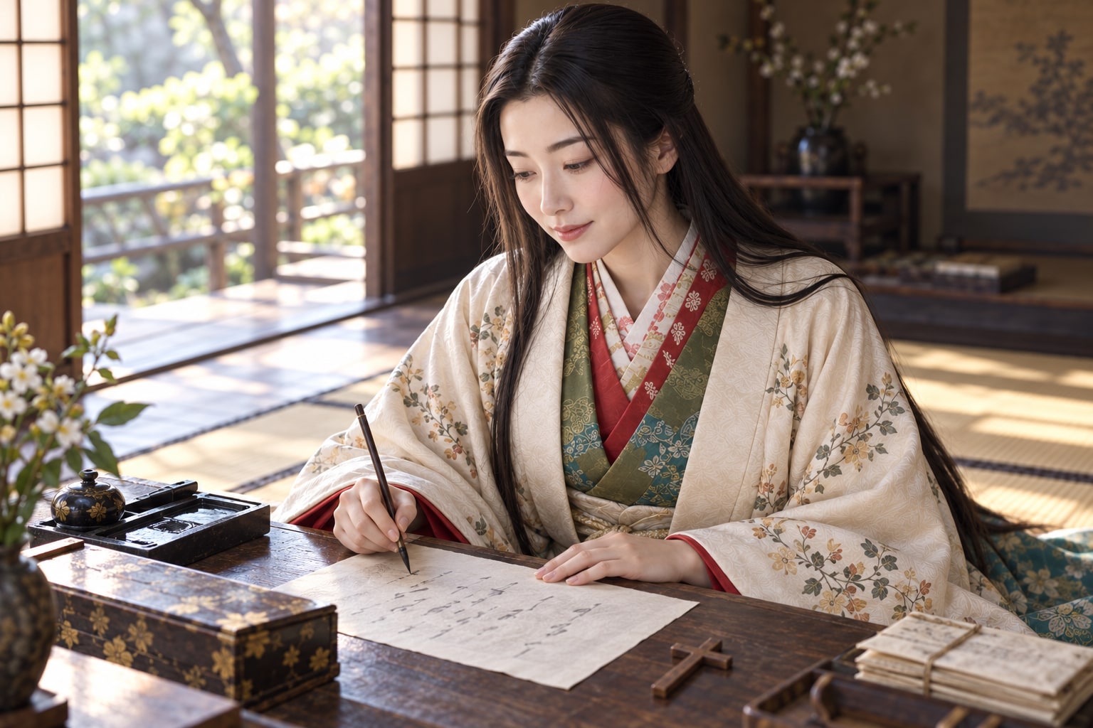 手紙を書くガラシャの想像図。現存する書状の文面・筆跡・執筆場面を再現したものではない(AI生成イメージ)