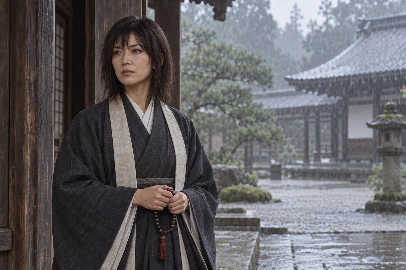 一族を失った時期の次郎法師を寺の場面で表した想像図(AI生成イメージ)