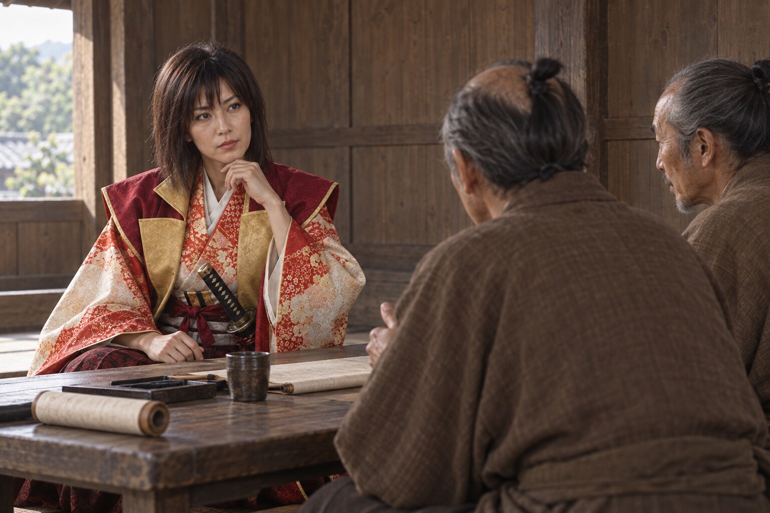 地域の人々の話を聞く女性領主として描いた直虎(会合は想像)(AI生成イメージ)