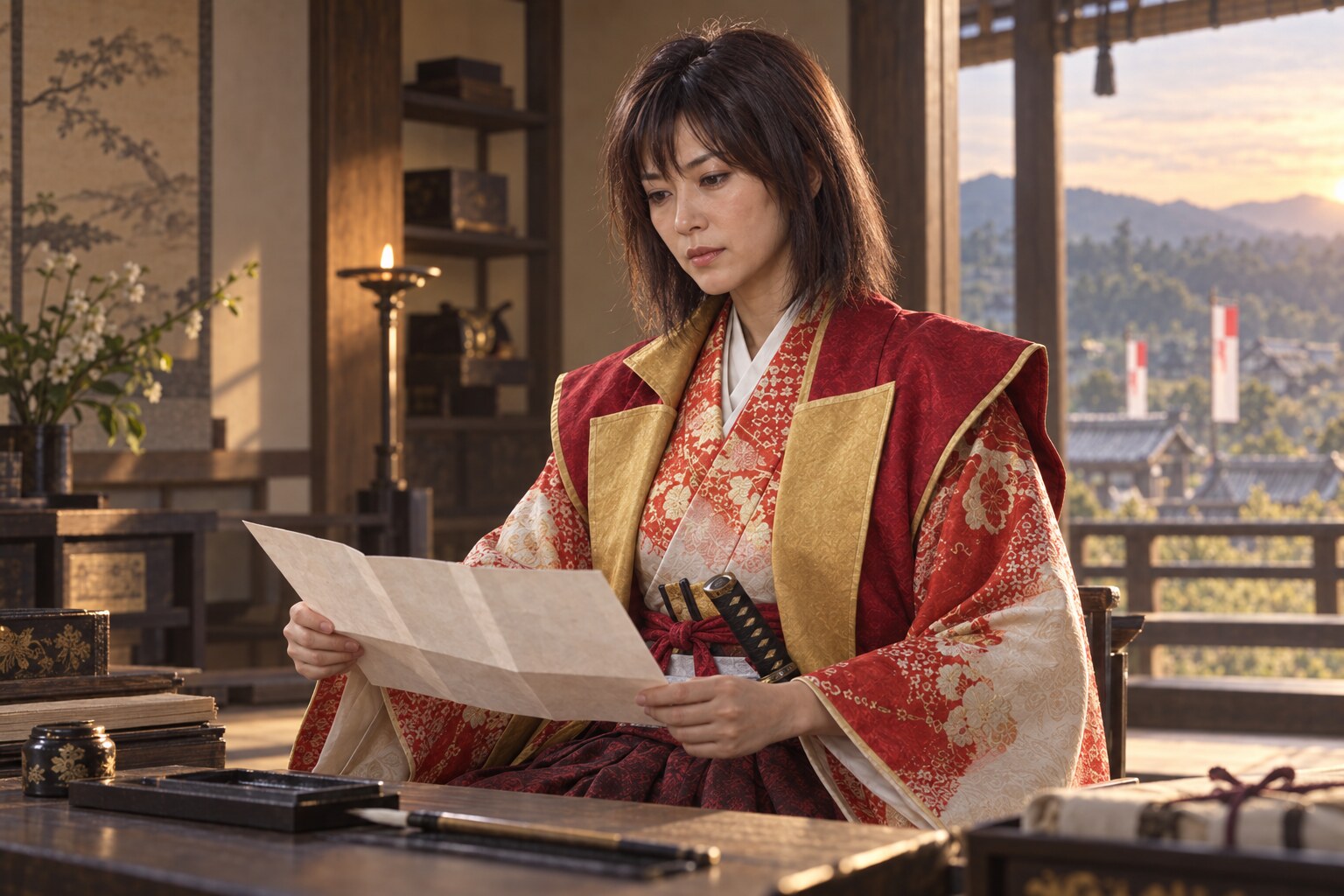 徳政をめぐる政務を象徴する女性領主の想像図(文書の複製ではない)(AI生成イメージ)
