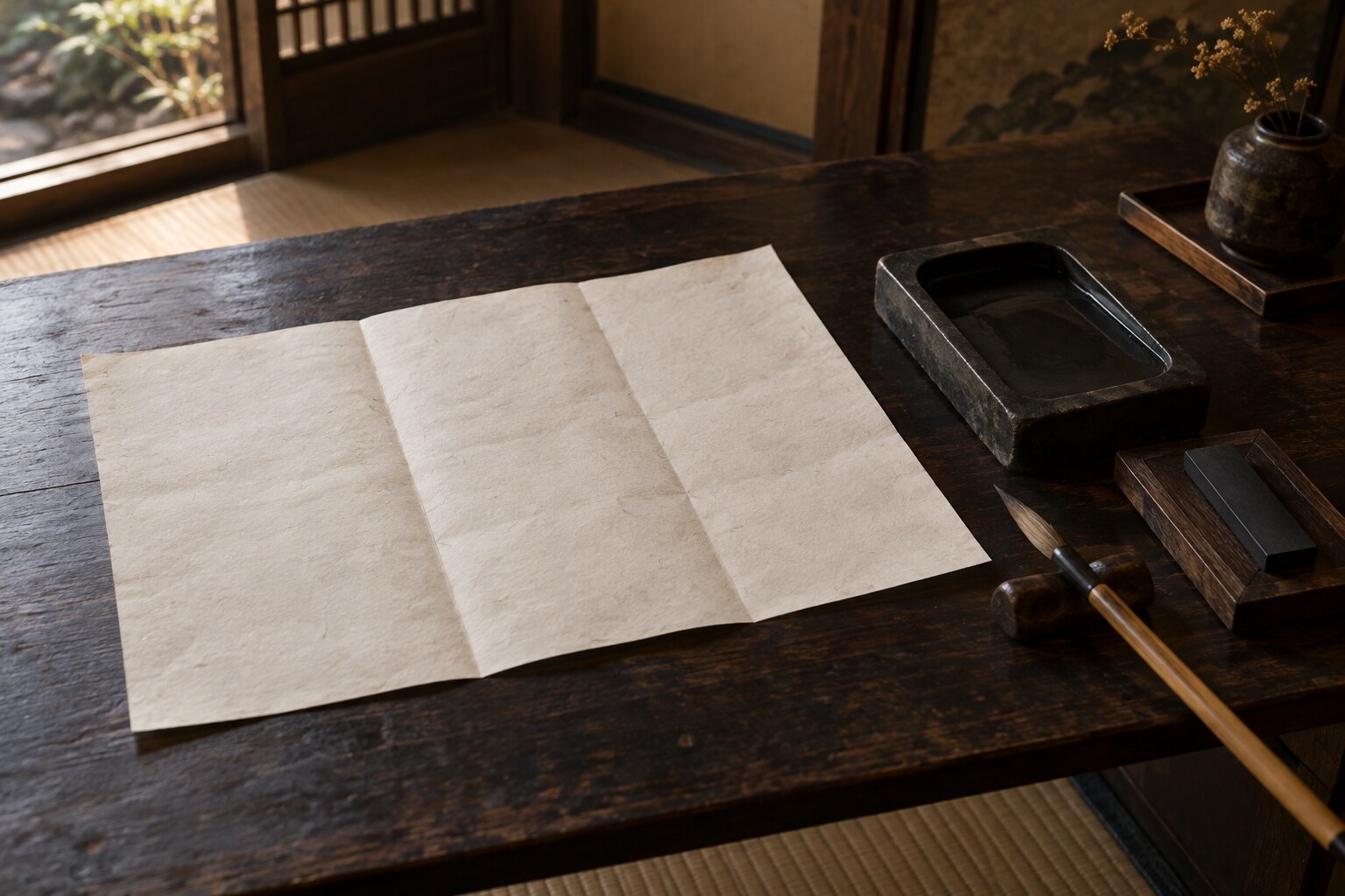 文書と印の検討を象徴する筆と料紙の想像図(原史料の再現ではない)(AI生成イメージ)