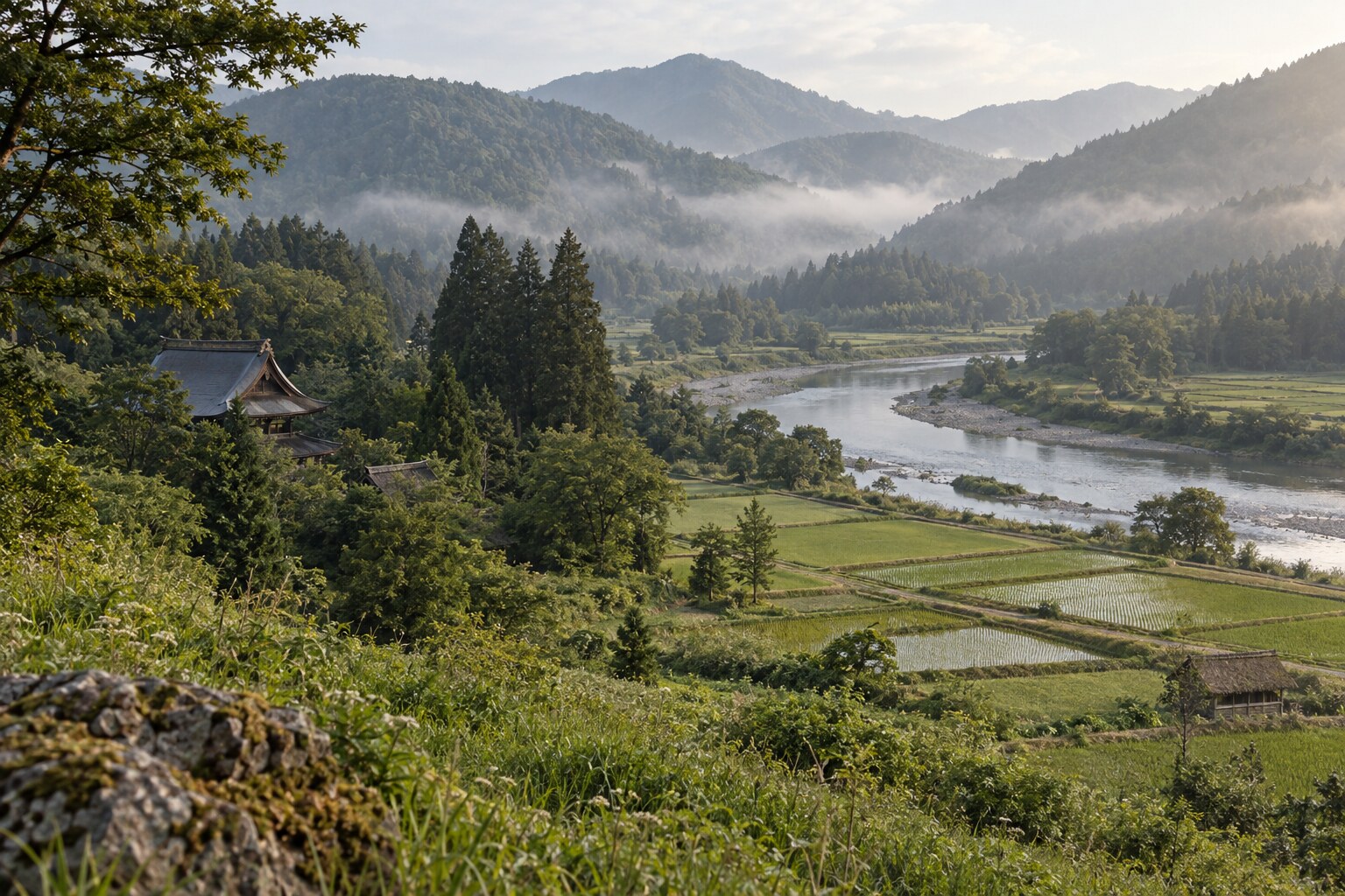 戦国期の井伊谷と寺をイメージした無人風景(現地の厳密な復元ではない)(AI生成イメージ)