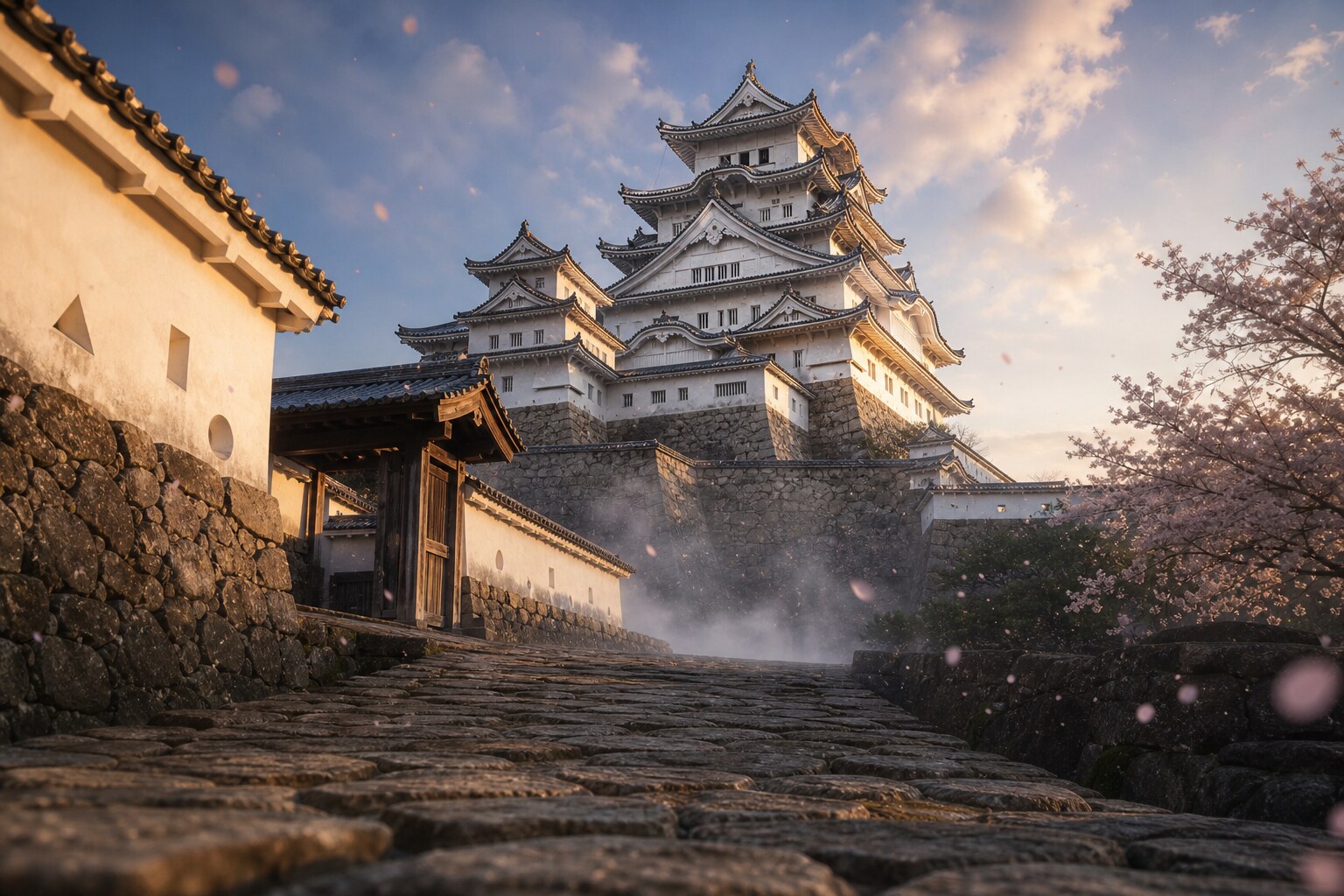 完成した姫路城(白鷺城)の天守と空(AI生成イメージ)