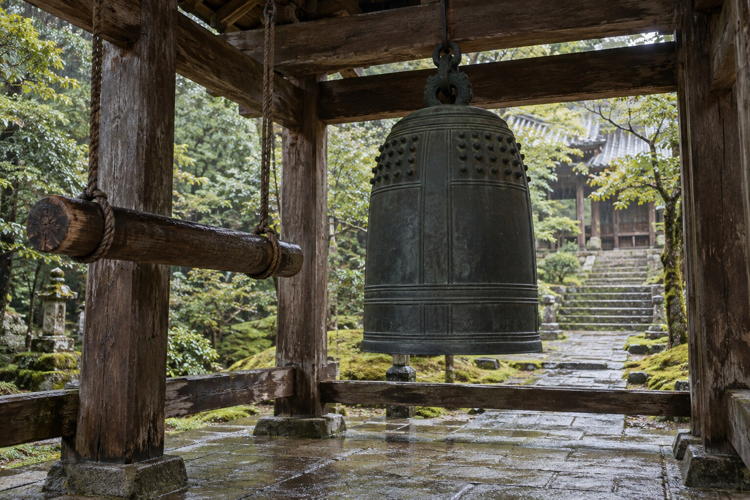 梵鐘の返還にちなむ寺の情景（AI生成イメージ）