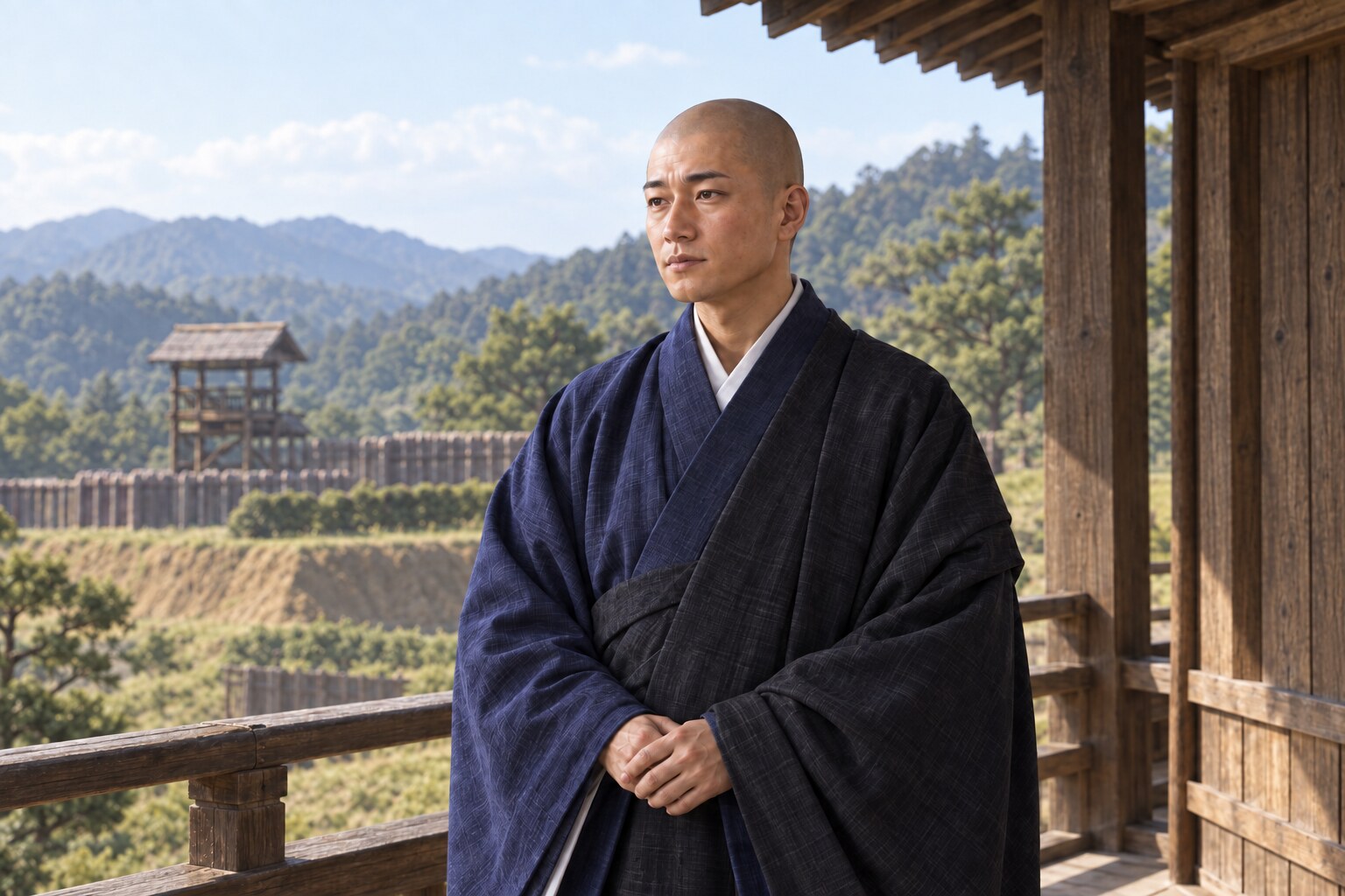 牧野城の土塁を望む氏真(AI生成イメージ)