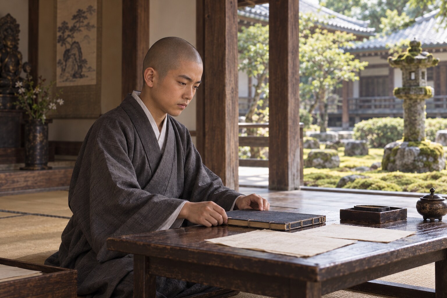 寺で書物に向かう少年期の義元を描いた想像図（AI生成イメージ）