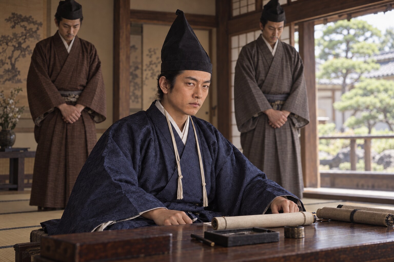 還俗後、家臣を前に座る若い義元の想像図（AI生成イメージ）