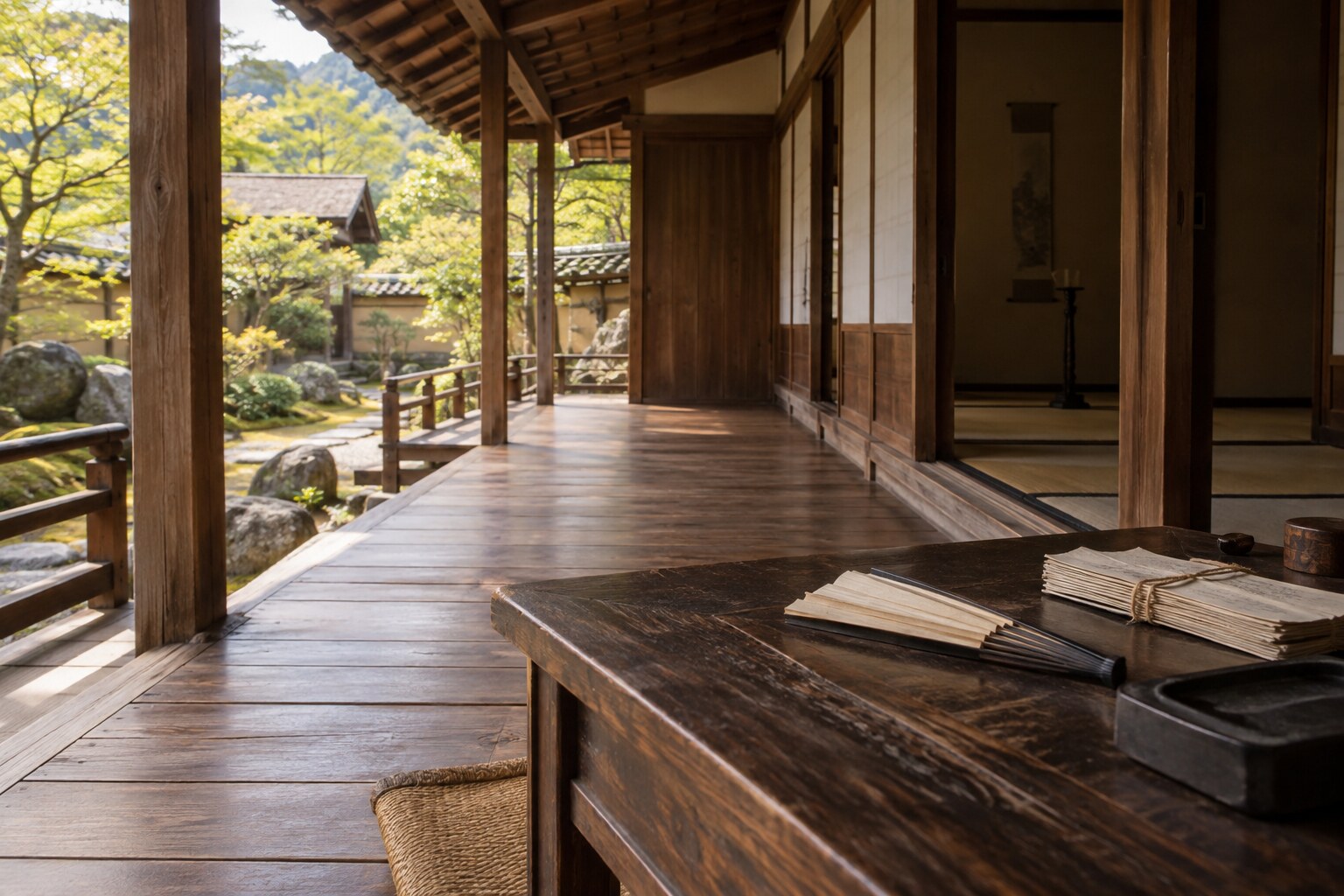 今川家のその後をイメージした、文書と扇のある館の想像図（AI生成イメージ）