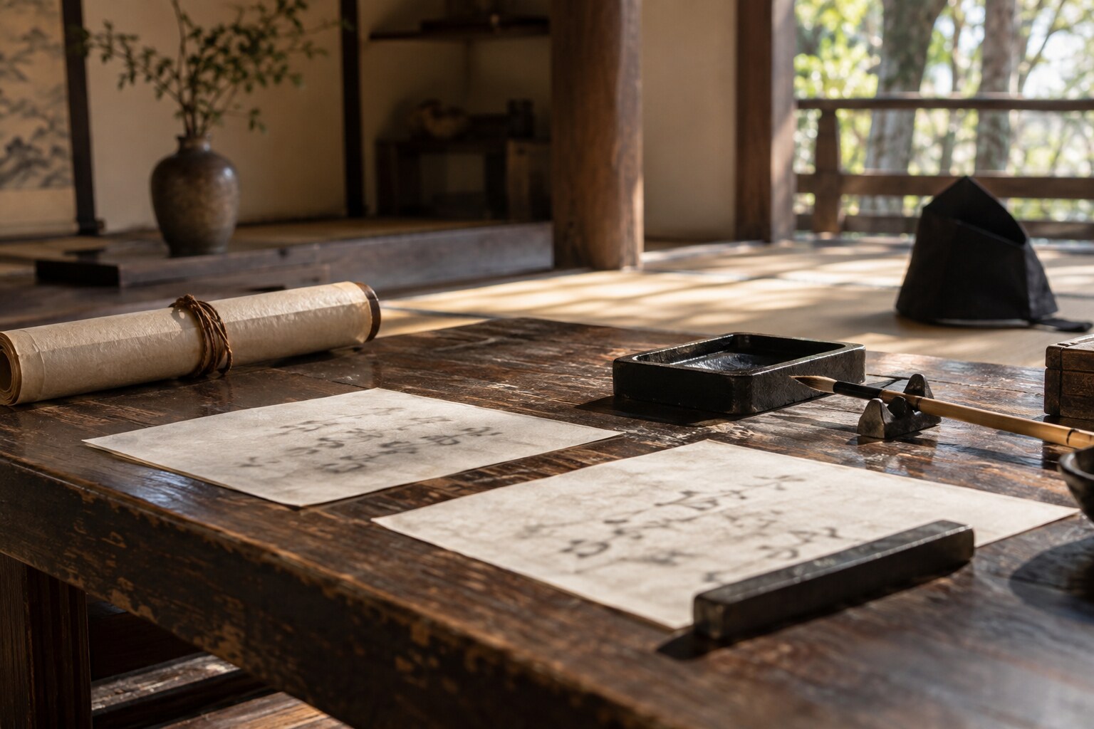 花押と文書の文化をイメージした道具の想像図。実物の花押の複製ではない（AI生成イメージ）