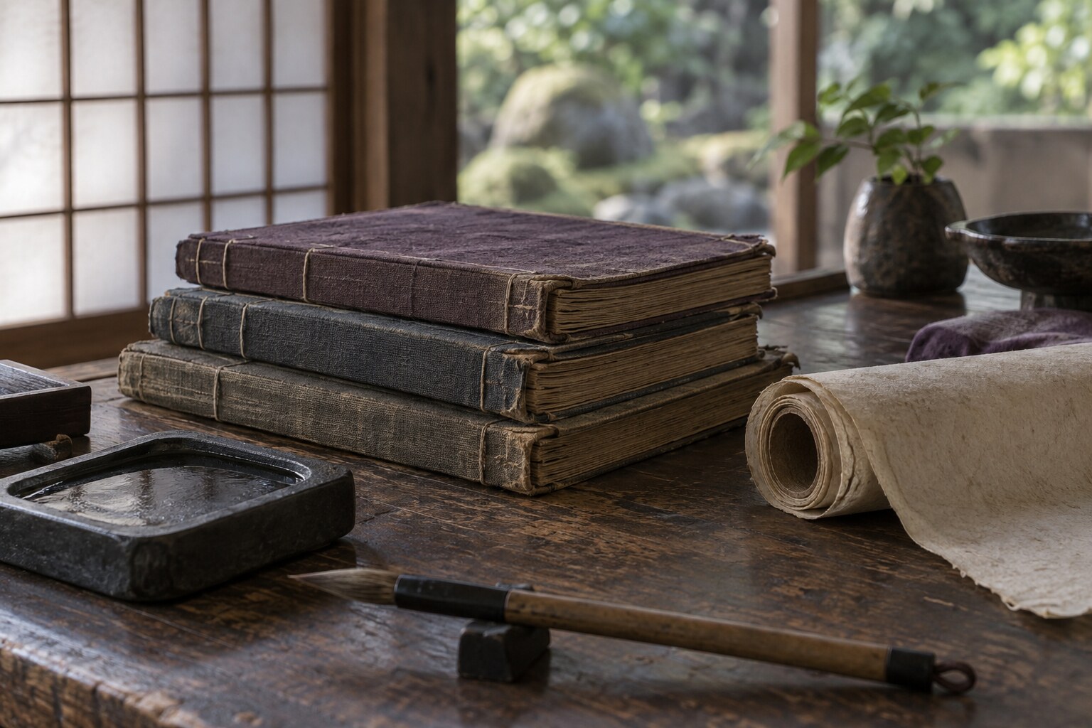 一鉄の時代の書物を想起させる創作静物。実在史料の撮影ではない（AI生成イメージ）
