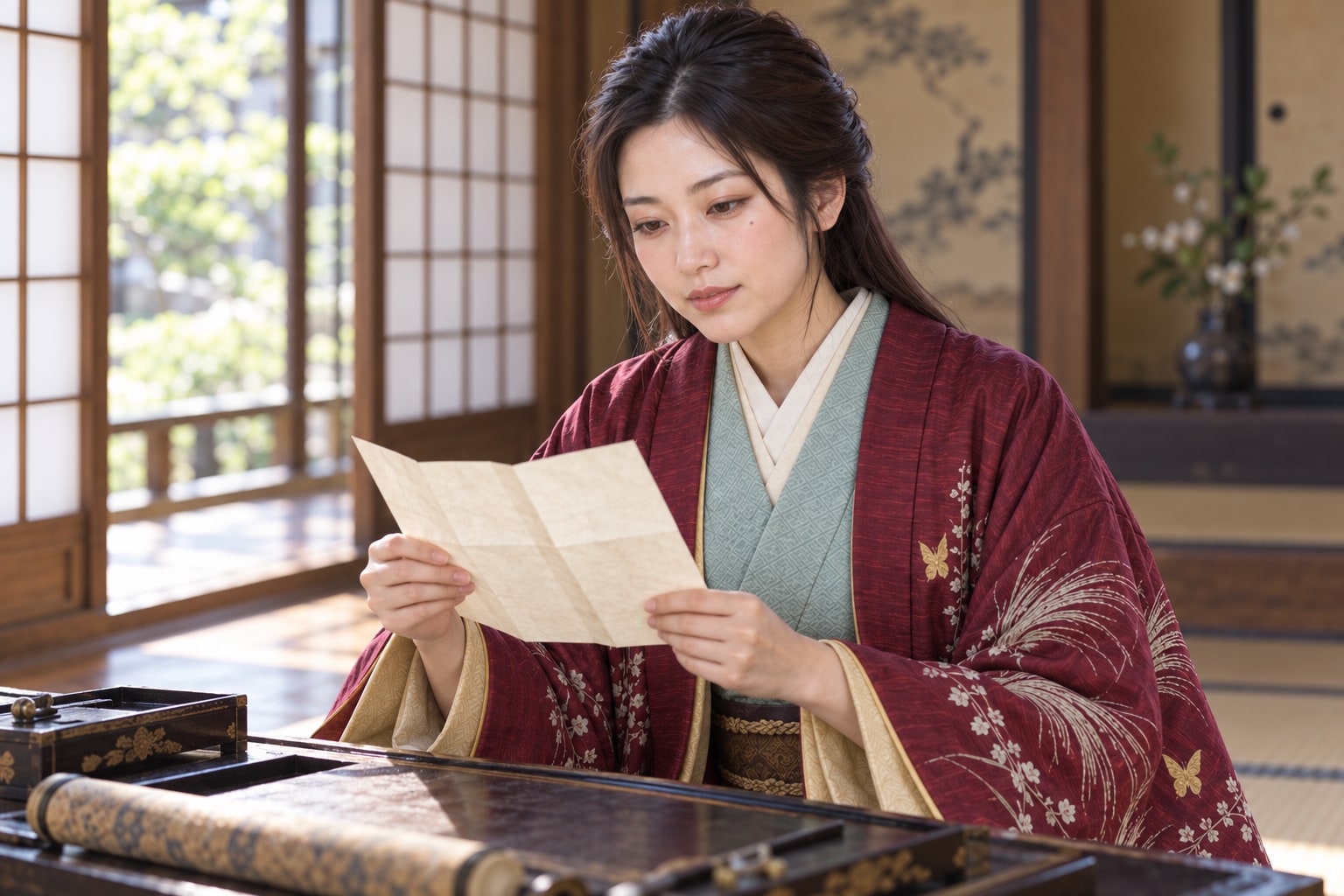 文を読む犬姫の想像図。紙面は創作で、信長朱印状の複製や受領場面ではない（AI生成イメージ）