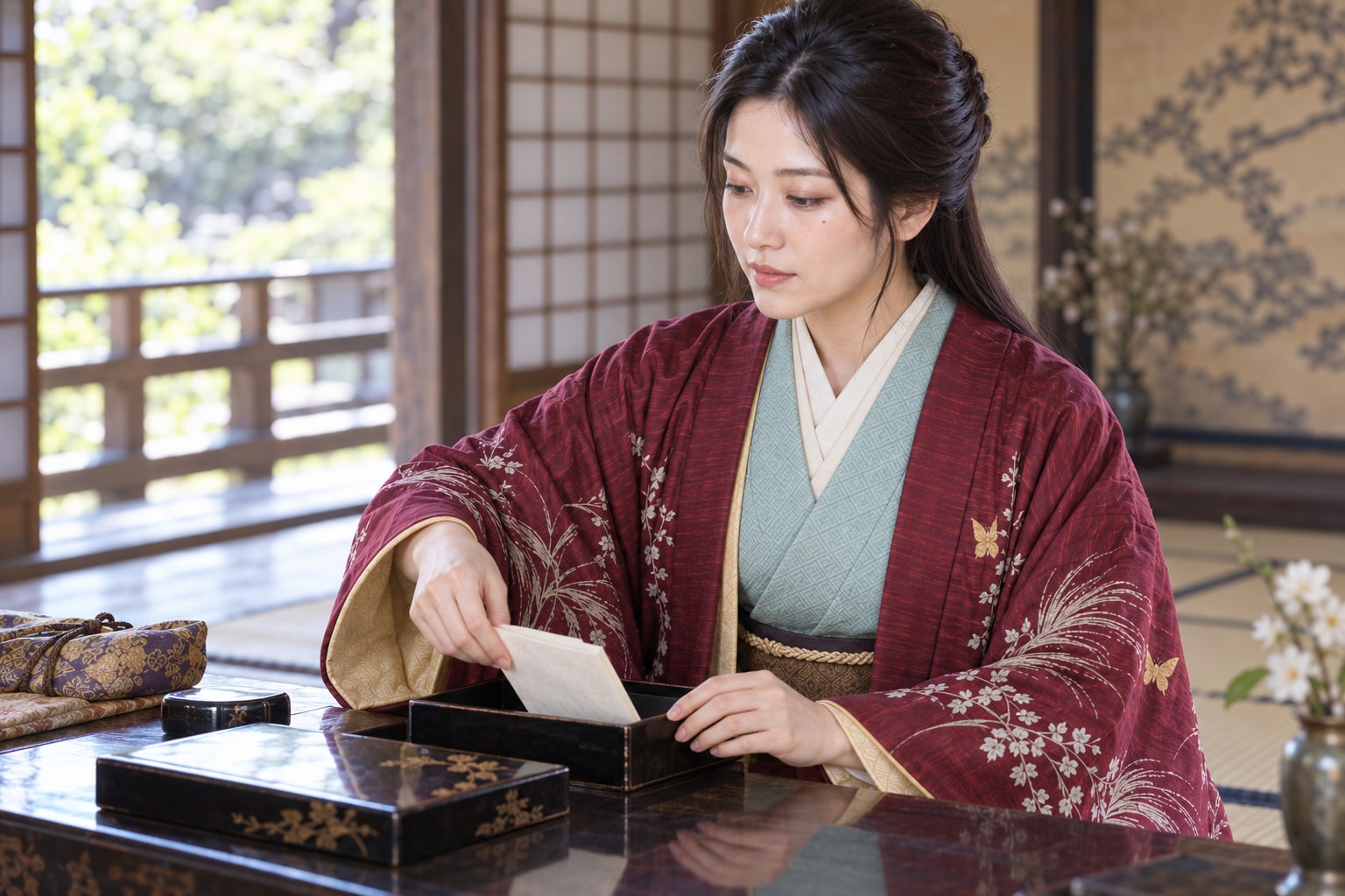 文を箱に納める犬姫の想像図。文書の保管方法や本人の行動を示す史料ではない（AI生成イメージ）