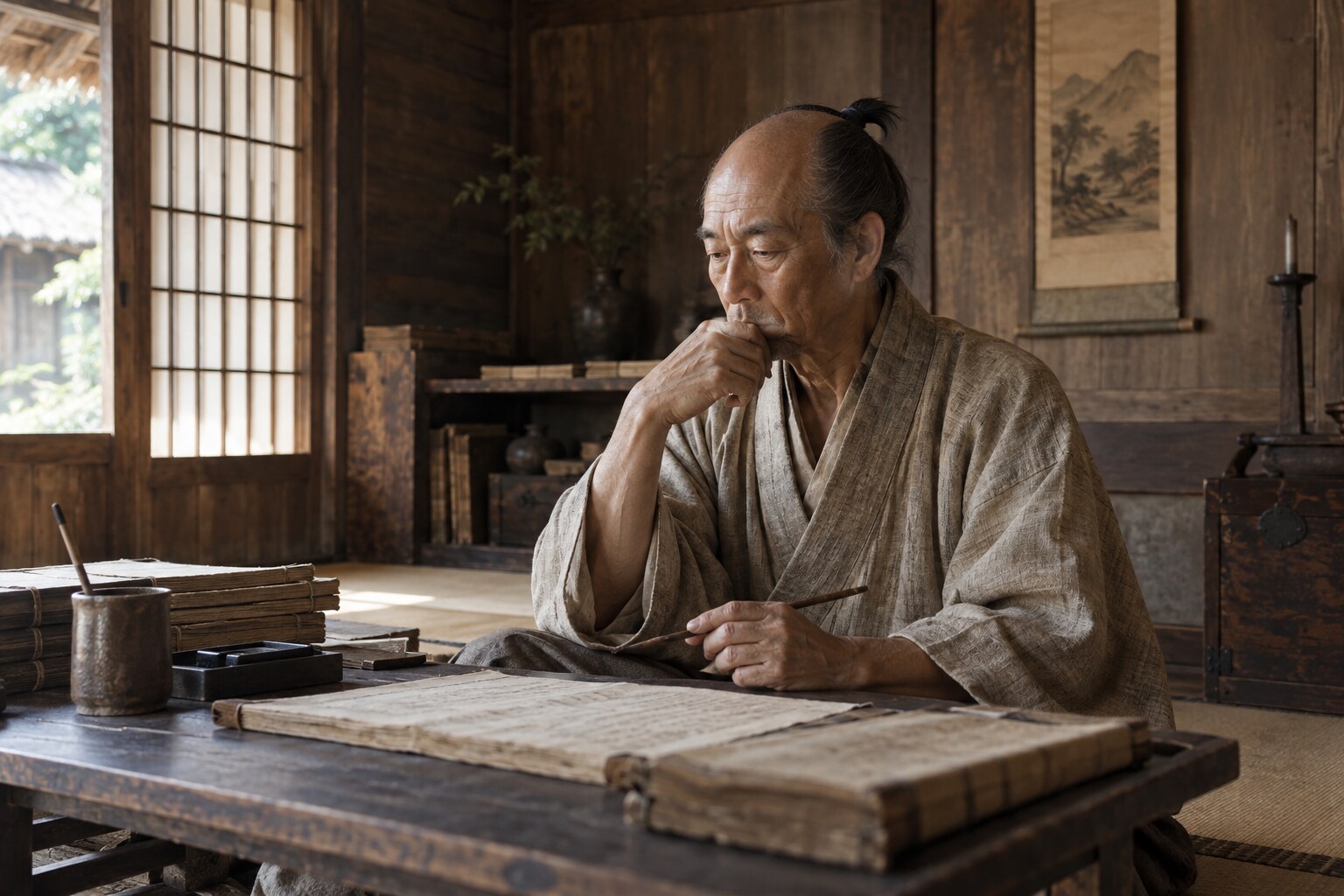 聞き書きを記す江戸初期の筆者を想像した場面。三浦浄心の肖像ではない（AI生成イメージ）