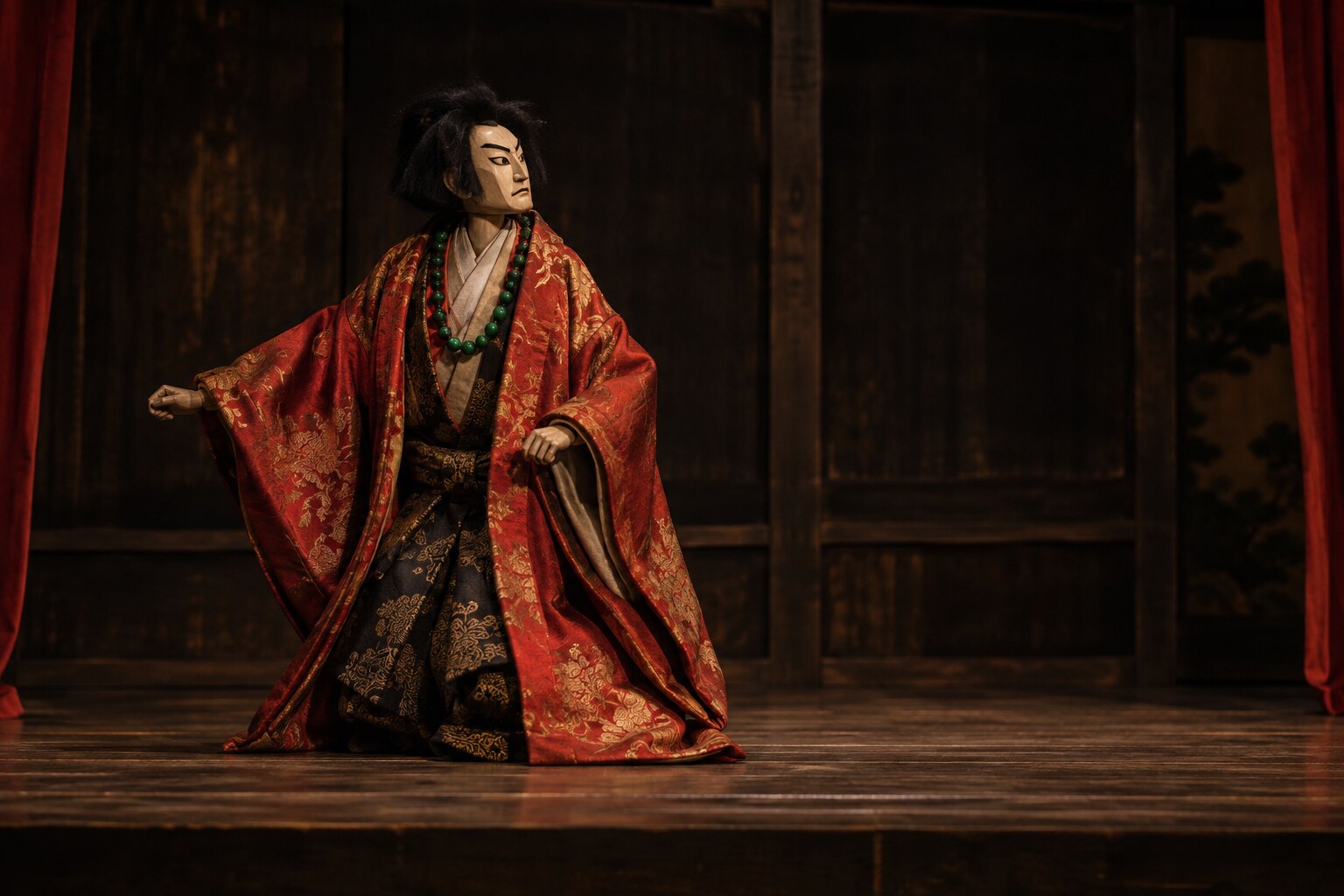 芝居に登場する大盗賊を表した創作の人形舞台。実在する人形や公演の再現ではない（AI生成イメージ）