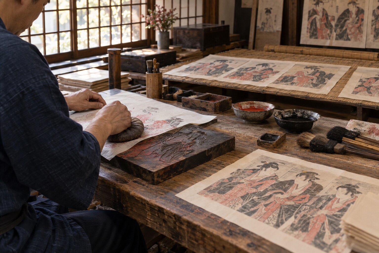 役者絵を刷る明治期の工房の創作場面。所蔵作品そのものを複製した画像ではない（AI生成イメージ）