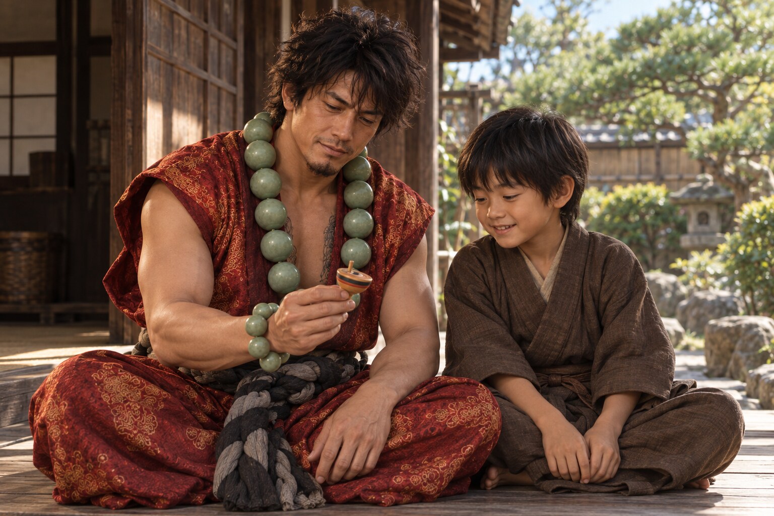 後世の父子の物語に着想を得た穏やかな創作場面。実際の家族の容貌や日常は不明（AI生成イメージ）