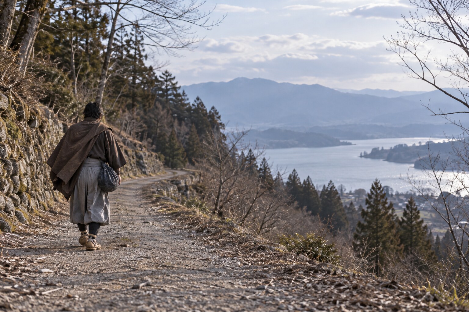 近江を離れる旅姿のイメージ。出奔時の服装・道筋は不明(AI生成イメージ)