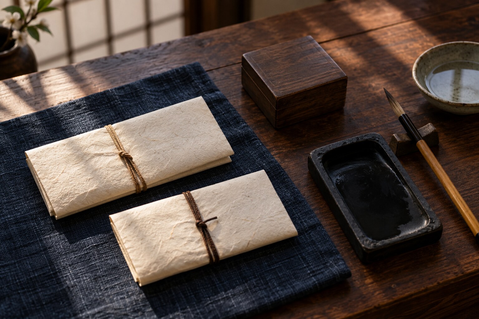 書状と鎮札を題材にした静物。現存史料の複製ではない(AI生成イメージ)
