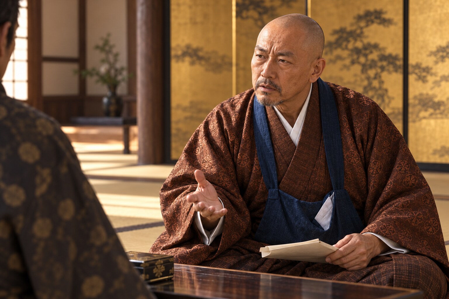 交渉の場で説明する江雪斎の想像図。特定の会見の再現ではない(AI生成イメージ)